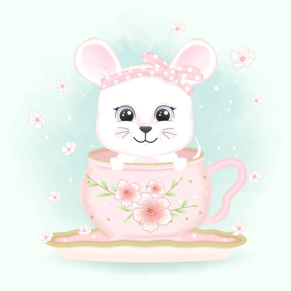 Baby Maus Kaffeetasse Und Schmetterlinge Handgezeichnete Karikatur Tier Aquarell Illustration — Stockvektor