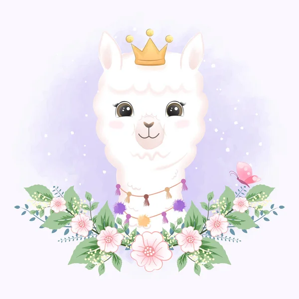 Cute Llama Kecil Dan Kupu Kupu Tangan Digambar Kartun Ilustrasi - Stok Vektor