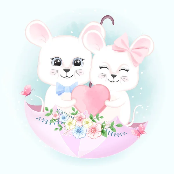Mignon Couple Souris Avec Coeur Parapluie Dessiné Main Animal Dessin — Image vectorielle