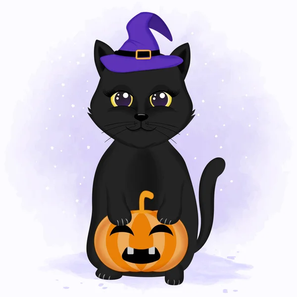 Lindo Gato Negro Calabaza Dibujado Mano Dibujos Animados Animal Halloween — Vector de stock