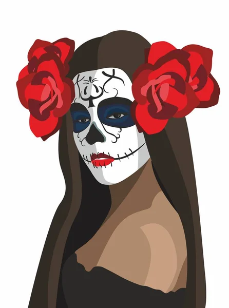 Dia Los Muertos Napján Dead Mexico Beauty Rose Hair Girl — Stock Vector