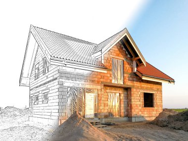 Ev proje ve mimari çizim başlar. İki oluşan görünümler çizim ve gerçeklik rüya rüya evine gerçeklik kavramı olarak birleştirilmiş