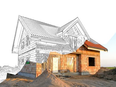 Ev proje ve mimari çizim başlar. İki oluşan görünümler çizim ve gerçeklik rüya rüya evine gerçeklik kavramı olarak birleştirilmiş