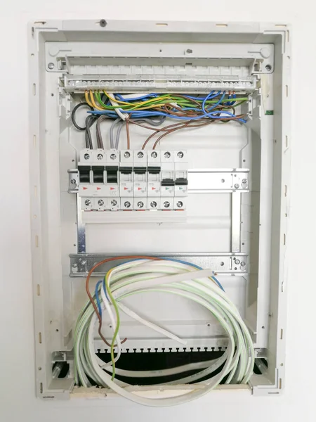 Interruptores Eléctricos Seguridad Cableado Dentro Del Panel Eléctrico — Foto de Stock