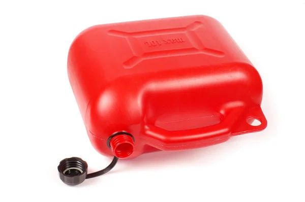 Roter Benzinkanister Aus Kunststoff Isoliert Auf Weißem Hintergrund — Stockfoto