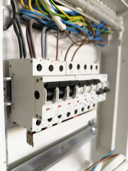 Interruptores Segurança Elétricos Fiação Dentro Painel Elétrico — Fotografia de Stock