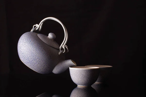 Old Style Kettle Coffee Cups Creative Still Life Flying Kettle — Stock Photo, Image