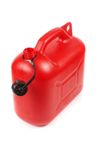 Recipiente Gasolina Plástico Vermelho Isolado Fundo Branco — Fotografia de Stock