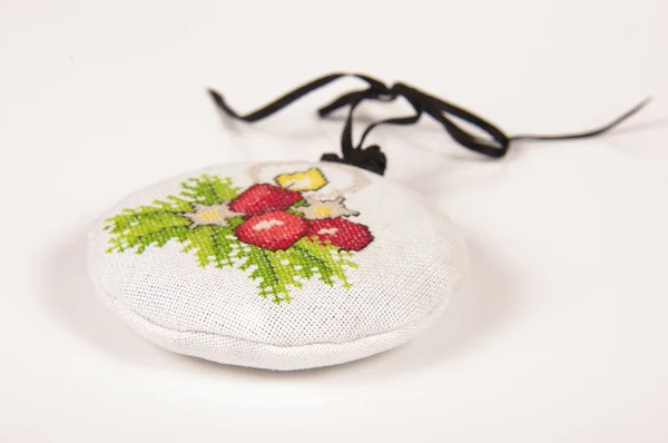 Christmas Ornaments Cross Stitched Bag Filled Levander Blooms White Background — Stock Photo, Image