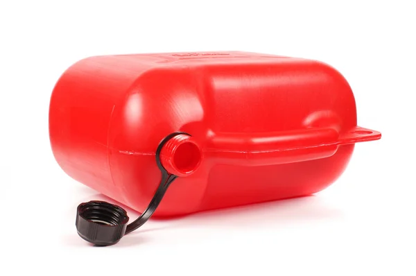 Recipiente Gasolina Plástico Vermelho Isolado Fundo Branco — Fotografia de Stock