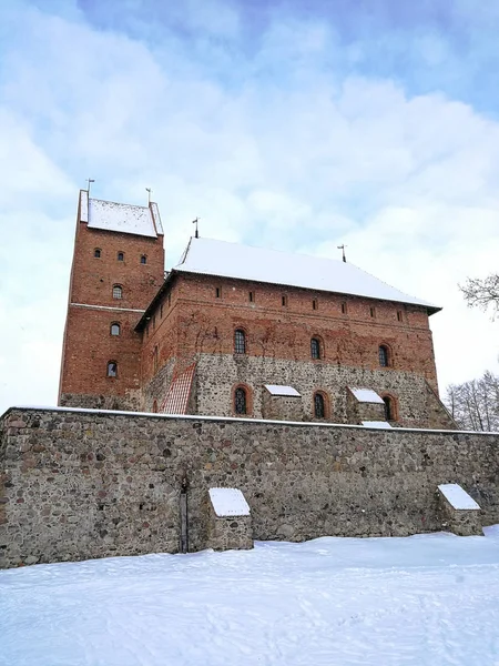 Snowed Trakai island castle winter time in Trakai town, Lithuania