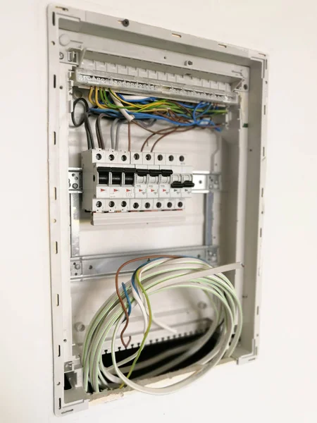 Elektromos Biztonsági Kapcsolók Kábelezés Belsejében Elektromos Panel — Stock Fotó