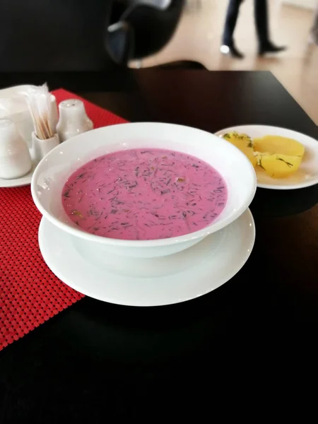 Traditional lithuanian cold soup called Saltibarsciai made from cucumber, beets, dill, eggs