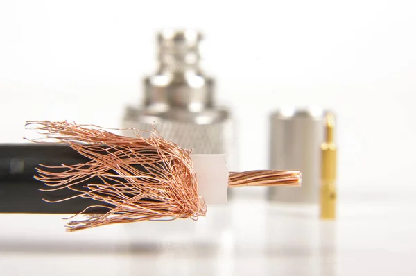 Half Prepared Crimping Coaxial Cable Type Connector Background — Stock Photo, Image