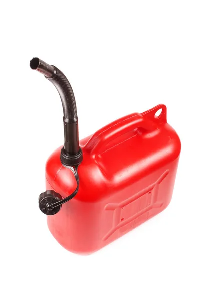 Recipiente Gasolina Plástico Vermelho Isolado Fundo Branco — Fotografia de Stock