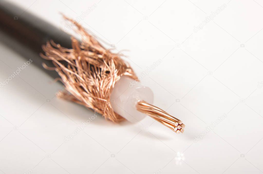 50 Ohm coaxial radio frequency cable half prepared for crimping