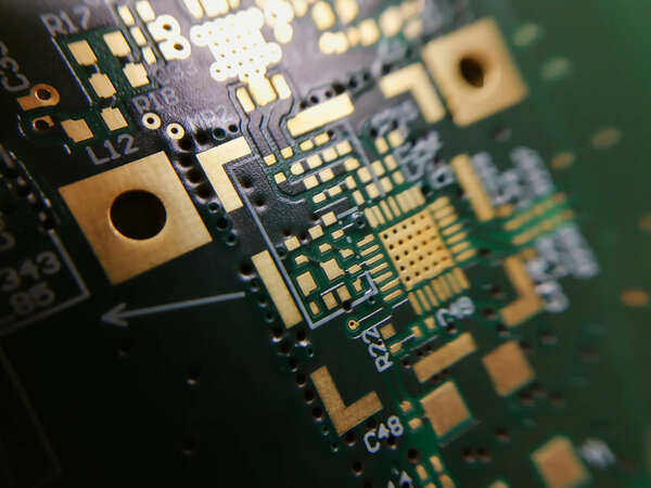 Macro close up of printed circuit board QFN quad flat no leads technology footprint