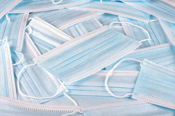 Många Blå Medicinska Ansiktsmasker För Virus Och Infektionsskydd — Stockfoto
