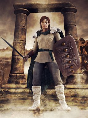 Fantezi Celtic savaşçı bir kılıç ve kalkan duran bir taş kemer önünde. 3D render.