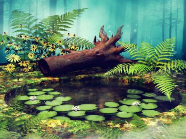 Bir su birikintisi eğreltiotu yaprakları, sarı çiçek ve düşmüş bir ağaç, renkli yatay. 3D render.