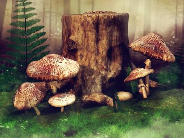 Yeşil çayır sonbahar mantar, eğreltiotu yaprakları ve bir ağaç kütüğü. 3D render.