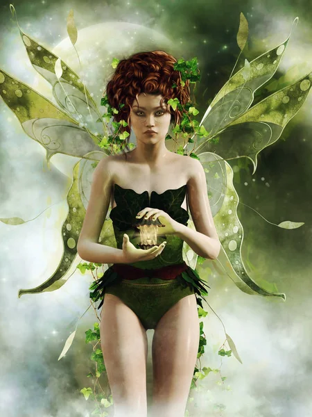 Meisje Van Fantasie Groene Fairy Met Vleugels Ivy Houden Een — Stockfoto