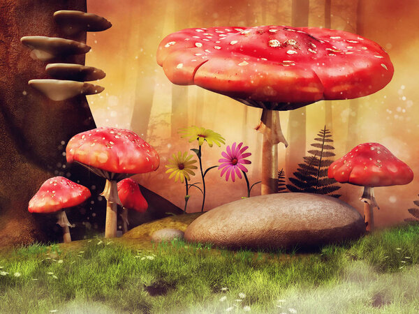 Red mushrooms and colorful flowers on a flowering meadow with trees and rocks. 3D render.