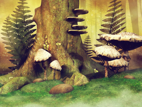 Colorful meadow with a tree stump, fern leaves and mushrooms in the forest. 3D render.