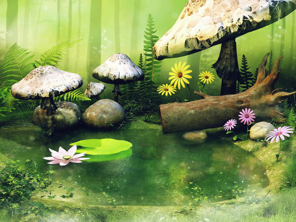Little pond in the forest with big fairy mushrooms, flowers and fern leaves. 3D render.