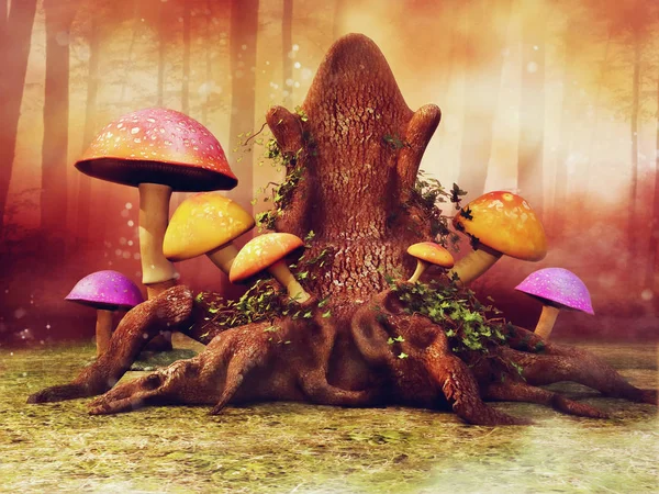 Trono Alberi Fantasy Con Funghi Colorati Edera Prato Nel Bosco — Foto Stock