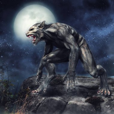 Fantasy werewolf standing on a rocky cliff on a full moon night. 3D render. clipart