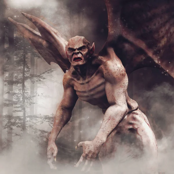Kísérteties Vámpír Szörnyeteg Egy Sötét Erdőben Éjszaka Denevér Szárnyakkal Render — Stock Fotó