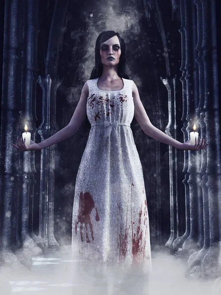 Vampire woman in a blood stained dress holding candles in her hands. 3D render.