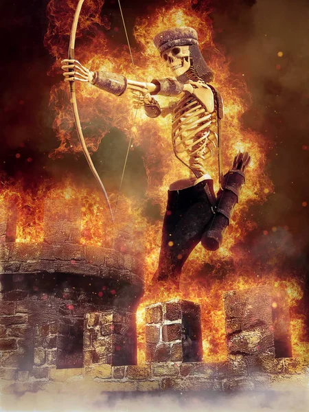 Fantasy skeleton archer with a bow on burning walls of an old castle. 3D render.
