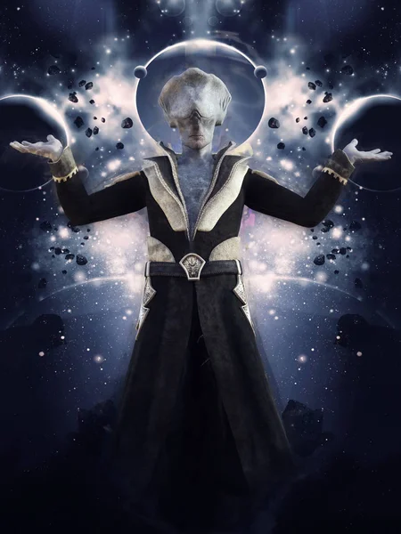 立って満天の惑星のエイリアンの魔術師で未来のシーン のレンダリング — ストック写真