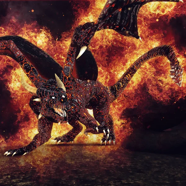 Scène Nocturne Avec Dragon Ardent Debout Dans Les Flammes Respirant — Photo