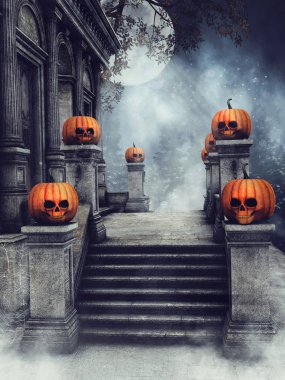 Merdiven Halloween pumpkins gece ile eski bir mezarlık Türbesi. 3D render.