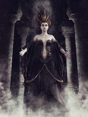 Sütun ve sis bulutu içinde yüzen bir hayalet büyücü karanlık gotik yeraltı türbesi. 3D render.