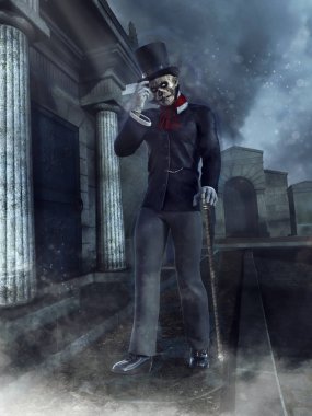 Bir mezarlık Victoria bir kıyafete bir ürkütücü zombi beyefendi ile gece sahne. 3D render.