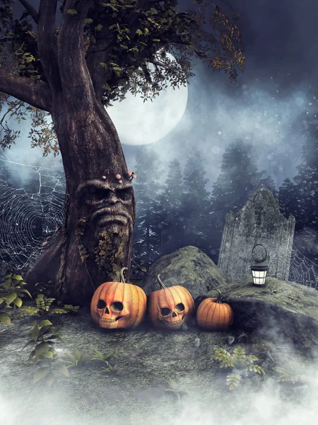 Night Scenery Halloween Pumpkins Fairy Tree Cemetery Render — Stock Photo, Image
