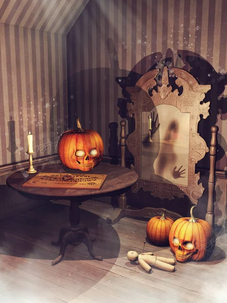 Old Room Haunted Mirror Halloween Pumpkins Voodoo Doll Ouija Board — Stock Photo, Image