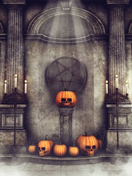 Gamla Spooky Kryptan Med Kolumner Stearinljus Och Halloweenpumpor Natten Render — Stockfoto