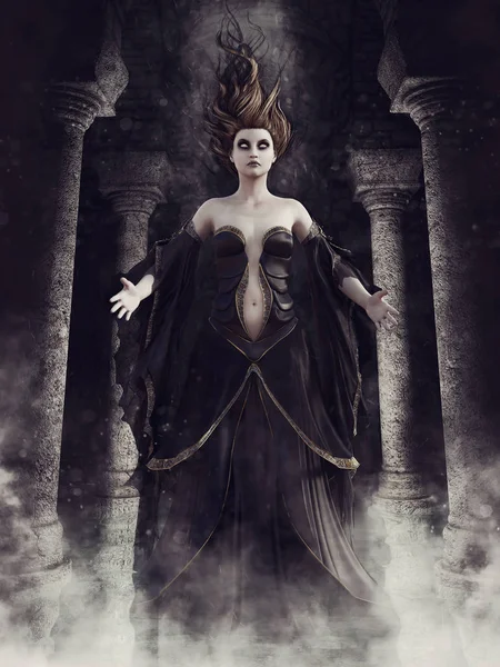 黑暗的哥特式墓穴与专栏和幽灵女巫漂浮在薄雾云 — 图库照片