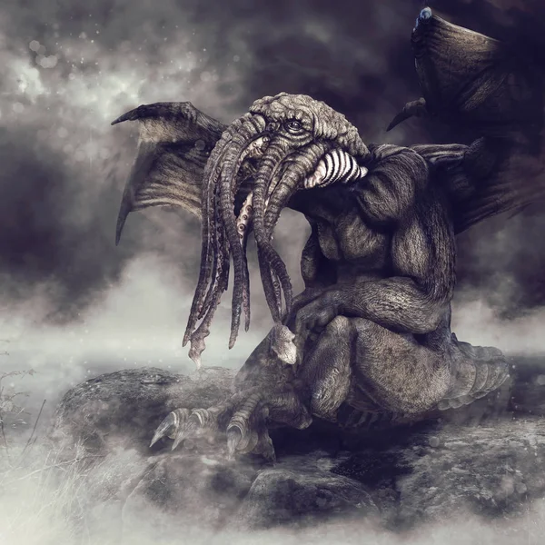 Foggy Scenery Winged Monster Cthulhu Sitting Rock Sea Render — Stock Photo, Image
