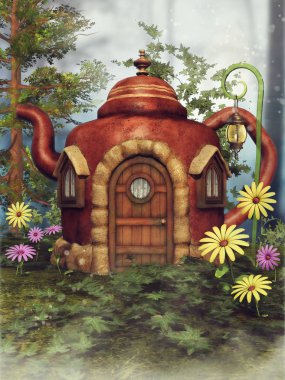 Fantezi renkli bahar çiçekleri arasında yeşil çayır çaydanlık yazlık. 3D render.