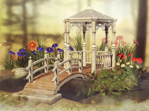 五颜六色的场景与童话凉亭和五颜六色的雏菊花在草地上 — 图库照片