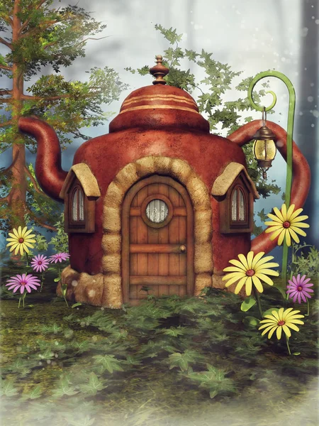 幻想茶壶小屋在一片绿色的草地上 五颜六色的春天的花朵 — 图库照片