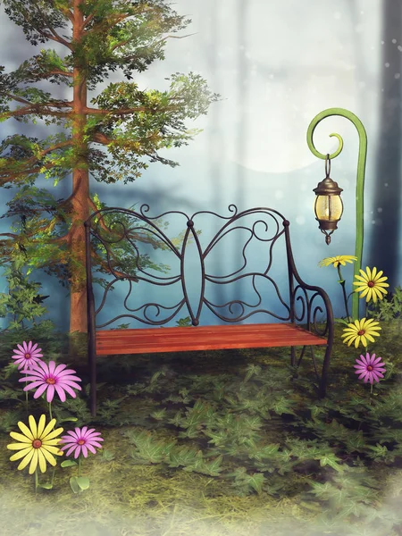 幻想的长凳 五颜六色的花朵和绿色的春天草地上的灯笼 — 图库照片