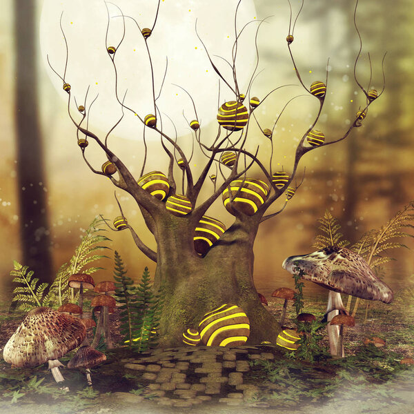 Autumn scene with a fantasy tree and mushrooms on a meadow. 3D render.