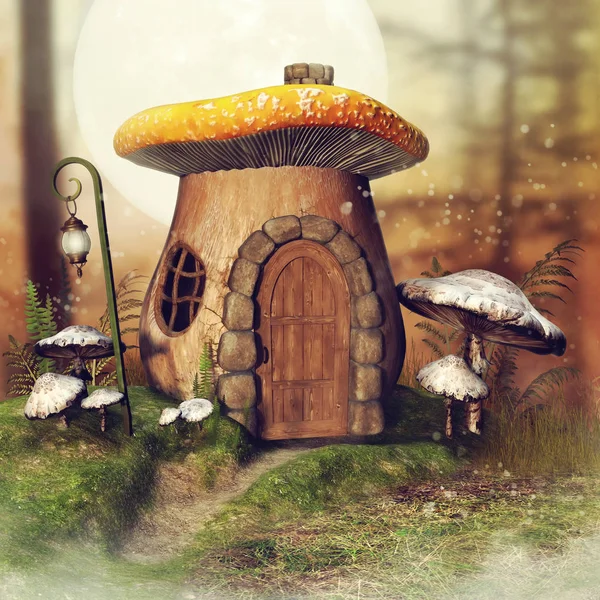 Fantasy mushroom cottage and a lantern in an autumnal forest with fern and grass. 3D render.